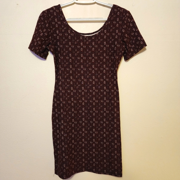 MUDD Maroon Burgandy Brown Black Cream Pattern Form Fitted Bodycon Dress Medium - Picture 3 of 14